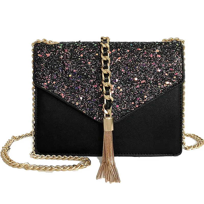 

Small Bag Women's INS Super Fire Sequin Shoulder Bag 2019 New Style Versatile CHIC Tassels Chain Shoulder Square Sling Bag