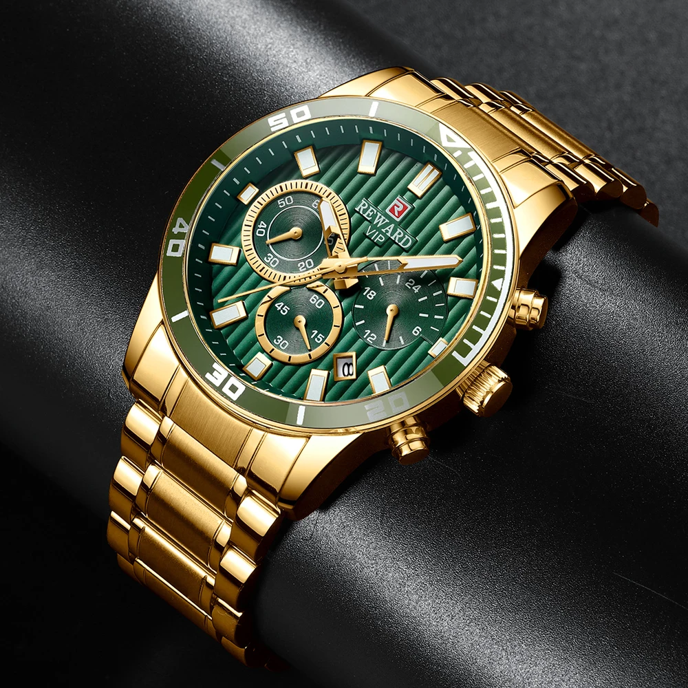 Награда люксовый бренд мужские спортивные часы золотые полностью Стальные кварцевые часы мужские бизнес хронограф Analgue наручные часы мужские золотые часы