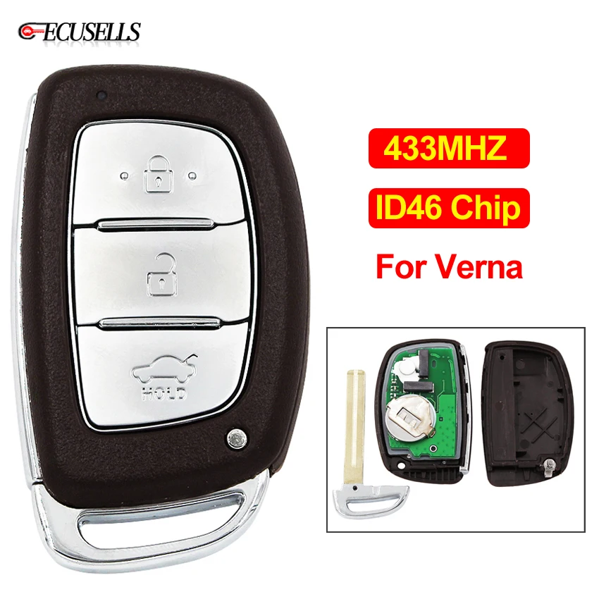 

3 Button New Replacement Remote Smart Car Key Fob 433Mhz ID46 PCF7952 Chip with Uncut Blade For Hyundai Verna Elantra
