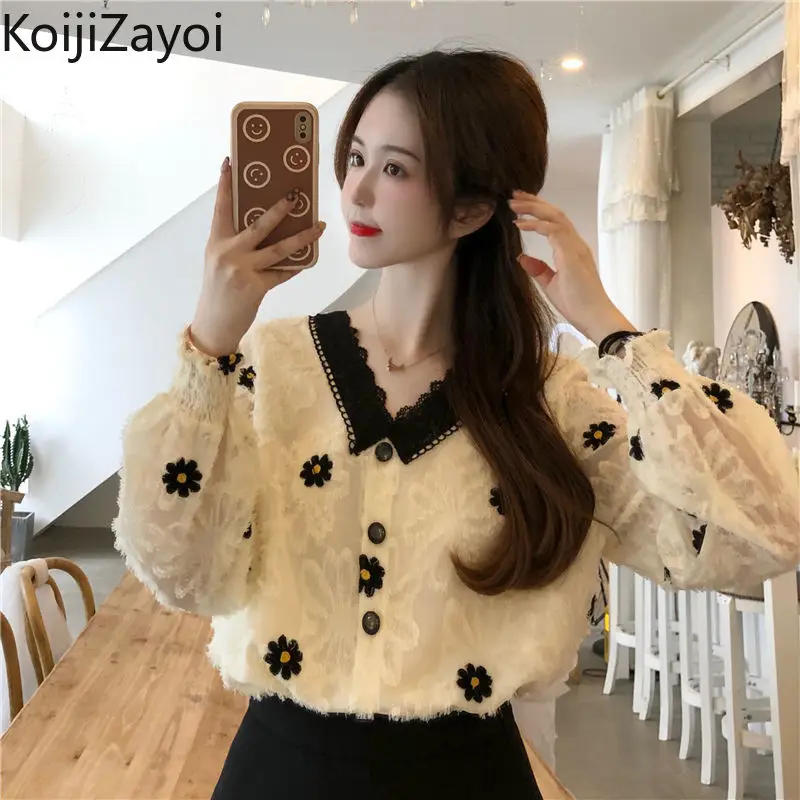 

Koijizayoi Autumn Floral Embroidery White Blouse Vintage Flare Long Sleeve Office Ladies Shirts Elegant Female Lace Blusas Tops
