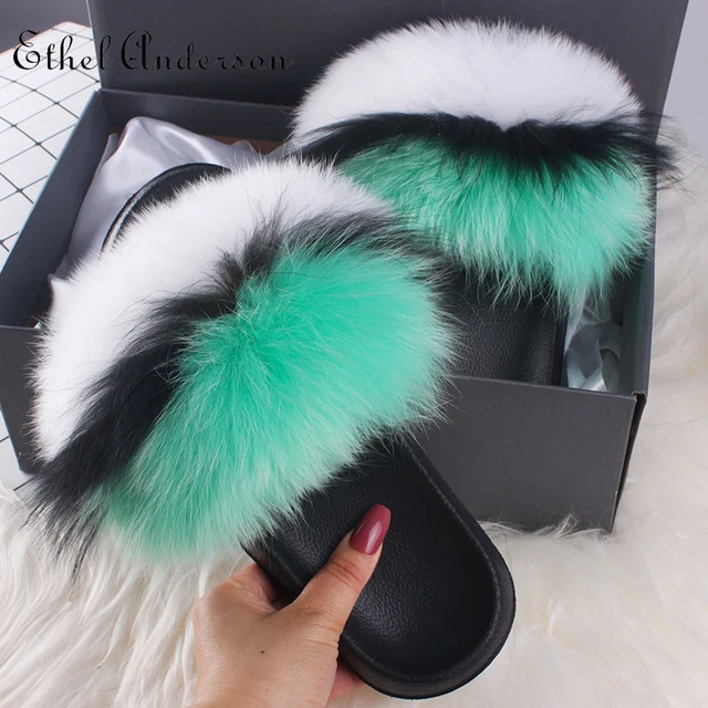 2021 Hot Sale Women Real Fox Fur Slippers Multi-color Summer Fashion Slides Casual Female Furry Shoes As picture