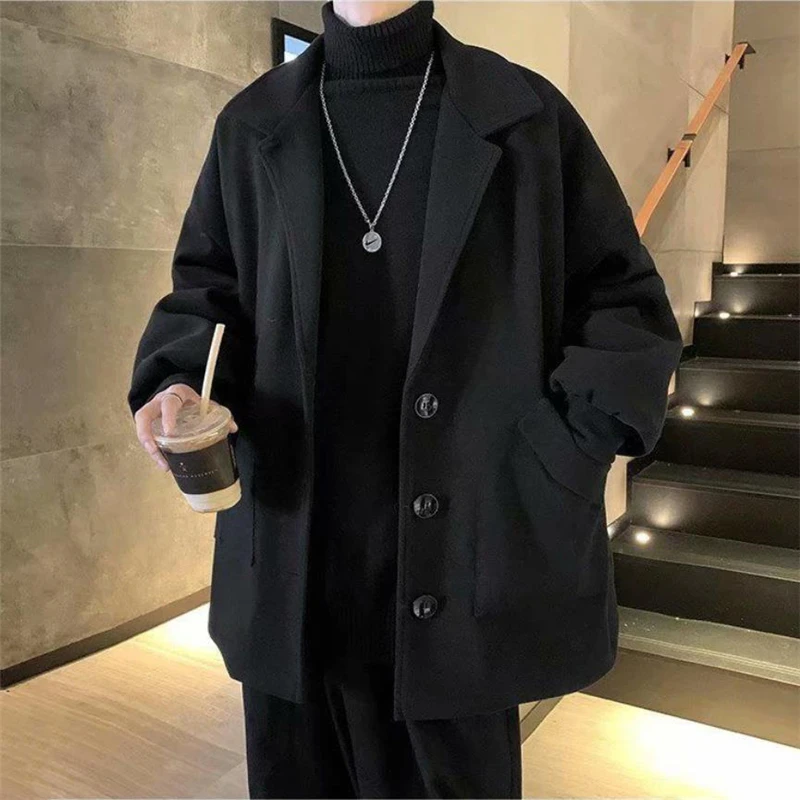남성용 모직 코트, 턴다운 코트, 두꺼운 바람막이, 단색 싱글 브레스트 아우터, 남성 2021, 한국 패션, 가을, 겨울