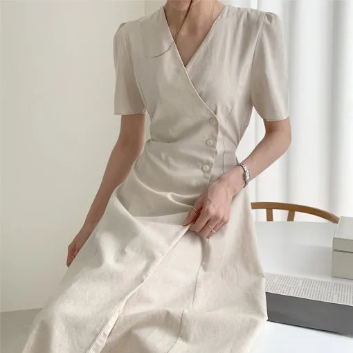 

Casual Short Sleeve Summer Lace Up Female Dress Button Up Women A-line Dress 2020 Elegant V-neck Midi Vestidos femme vs154