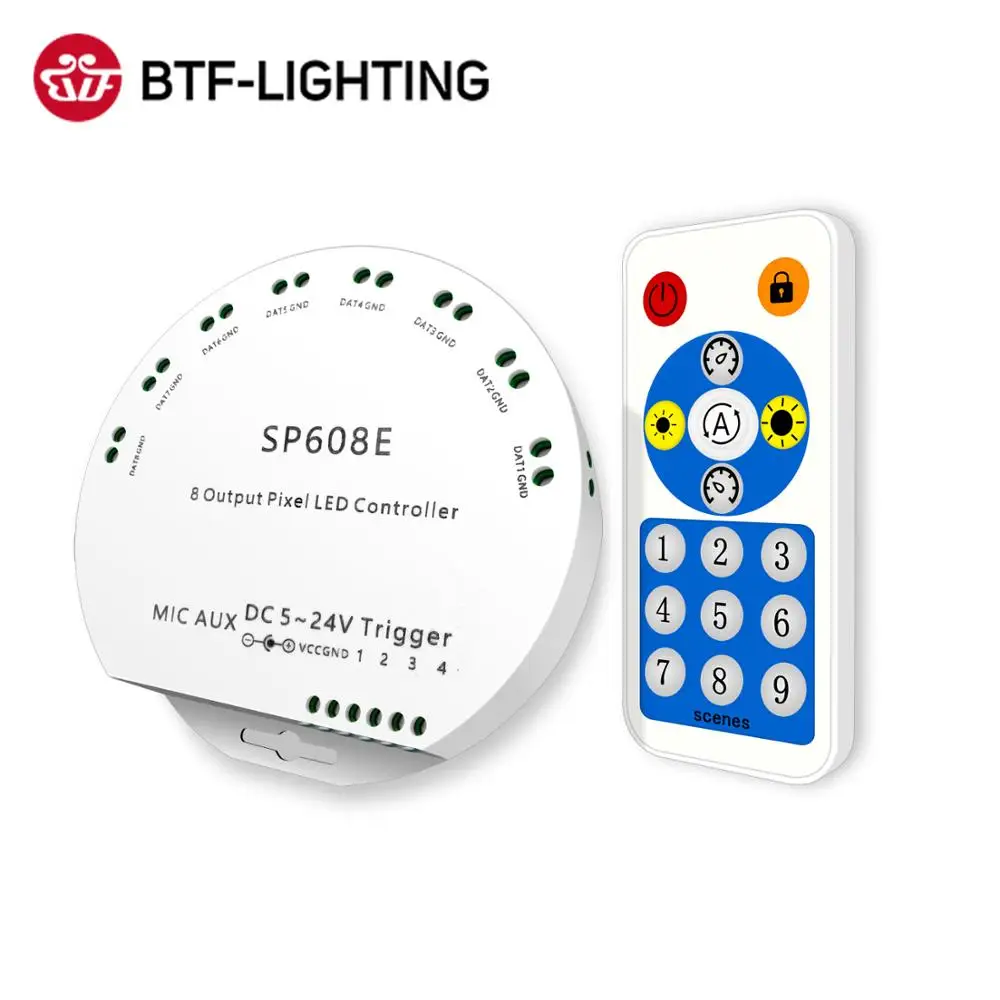 SP608E WS2812B Music Controller 8 CH Signal Output WS2811 WS2815 LED Light Strip Built In Mic IOS Android Bluetooth App DC5V-24V