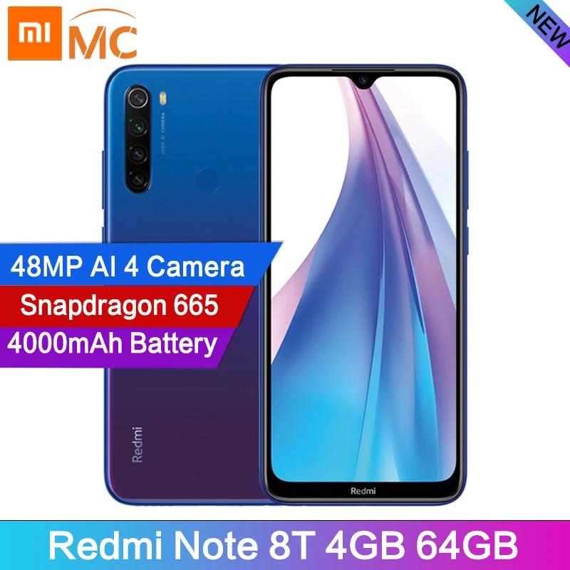 Глобальная версия Redmi Note 8 T, 4 Гб ОЗУ, 64 ГБ Восьмиядерный процессор Snapdragon 665, дисплей 6,3 дюйма, 48мп, 4 камеры, 4000 мАч, 18 Вт, Google Pay