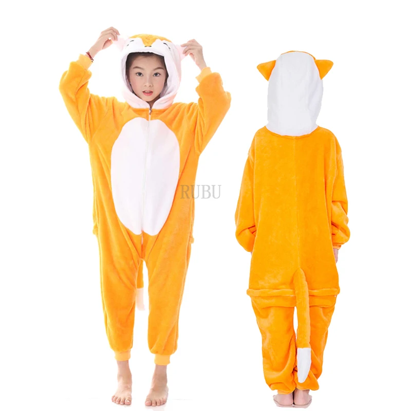 Зимняя Пижама кигуруми с изображением животных единорога для мальчиков и девочек, комбинезон с рисунком панды из аниме, детская одежда для сна, комбинезон с радужным единорогом для детей - Color: Fox