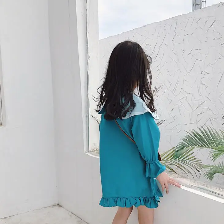 Korean Style Girls Ruffles Dress Fashion Autumn Girls Dresses 2-7 Years PZ182 - Цвет: Небесно-голубой
