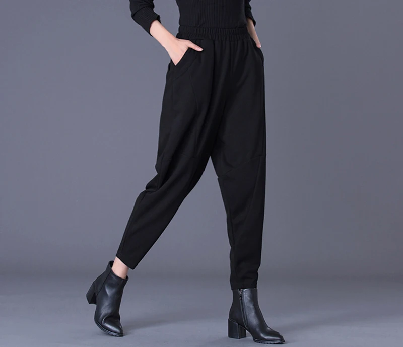 [EAM] Черные длинные штаны-шаровары с высокой эластичной талией для отдыха, новые свободные брюки, женские модные весенне-осенние штаны, 1K780