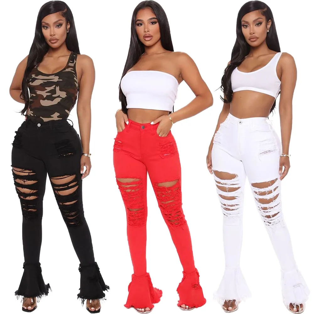 

Retro Solid Vintage Jeans Women Hollow Out Denim Pants Ruffles Tassel Hem Bell Bottom Hole Jeans Ripped Flare Trouser Jean Pants