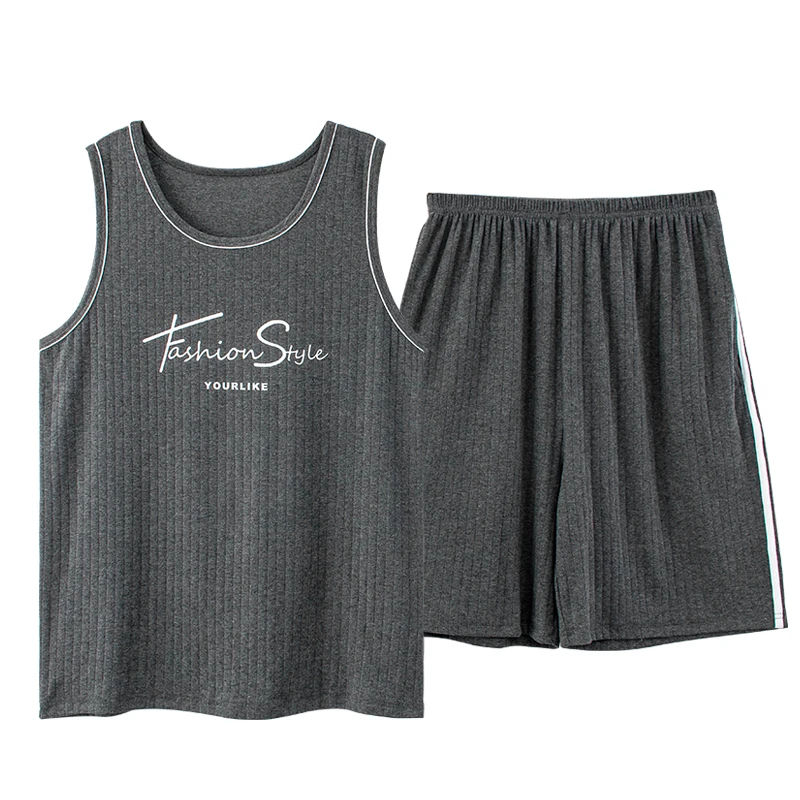 Men's Pajamas Set Summer Thin Cotton Male Pajamas Sets Vest Sleepwear Sleeveless Tops + Shorts 2pcs/set L-XXXXL