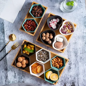 

Hexagon Ceramics Grid Fruit Plate Wooden Pallets Snack Dish Partition Child Salad Bowl Nordic Desktop Dried Fruit Trays Decor