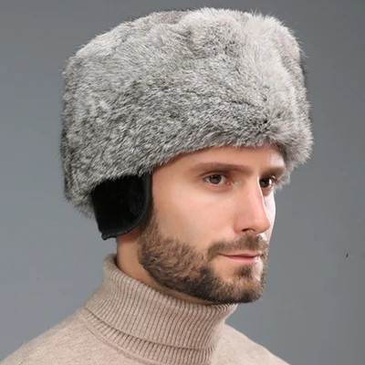 grey Русская шапка для мужчин, новинка, мужская шапка из кроличьего меха, зимняя шапка с ушками, теплая, утолщенная, модная, для взрослых - Цвет: grey