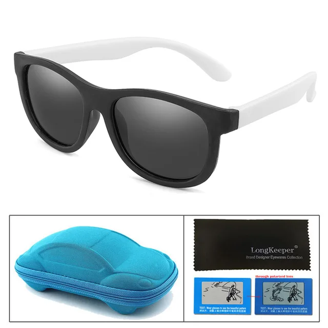 Longkeader TR90 поляризованные детские солнцезащитные очки с машинкой чехол для мальчиков и девочек детские яркие Квадратные Солнцезащитные очки UV400 подарочный набор - Цвет линз: black white grey