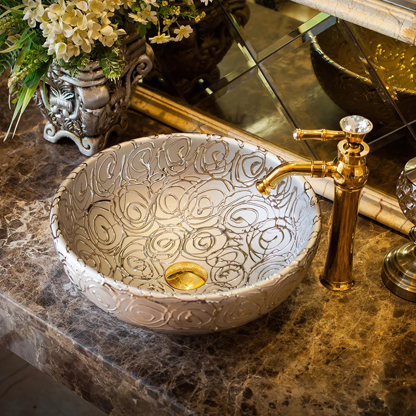 Silver rose China Artistic Europe Style Counter Top ceramic art chinese porcelain wash basin bathroom sink