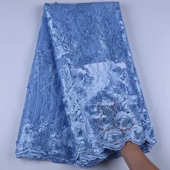 

New Design Sky Blue African Tulle Lace Fabric 2019 High Quality Nigerian French Net Lace With Stones And Beads For Dresses S1373