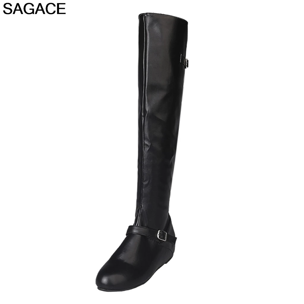 SAGACE/сапоги; модные сапоги до колена; женские зимние сапоги; высокие женские сапоги на плоской подошве, увеличивающие рост; весенне-Осенняя обувь с круглым носком без застежки
