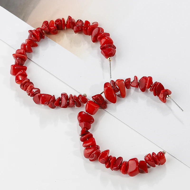 AMORCOME Bohemia Beads серьги-кольца для женщин новые винтажные красные синие каменные массивные серьги Открытый круг вечерние ювелирные изделия подарок