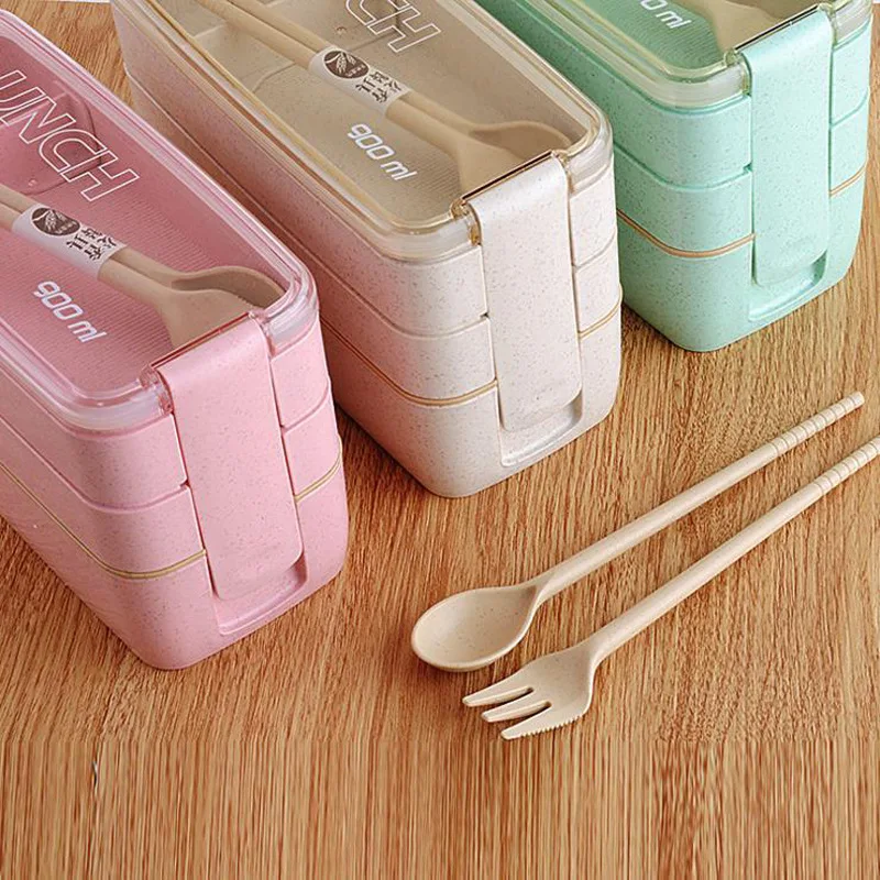 

900ml 3 Layers Lunch Box Wheat Straw Non-toxic Bento Boxes Microwave Dinnerware Food Storage Container School Lunchbox
