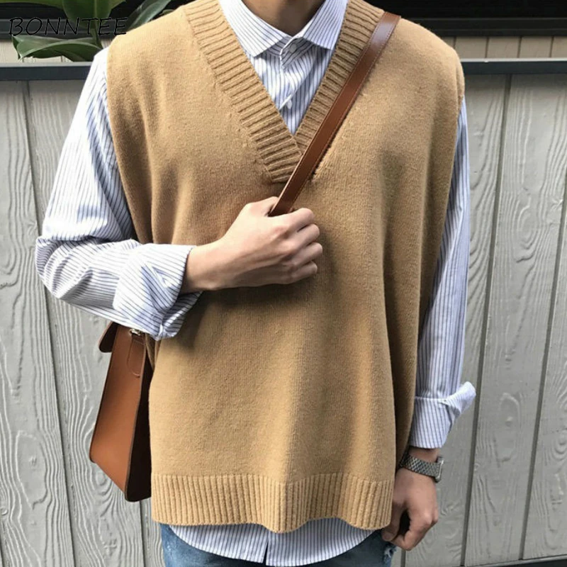 Chaleco liso Simple de cuello en V sin mangas suéteres Chic hombre diario prendas de vestir chaleco-Encuentro de estilo coreano Casual Vintage Ins