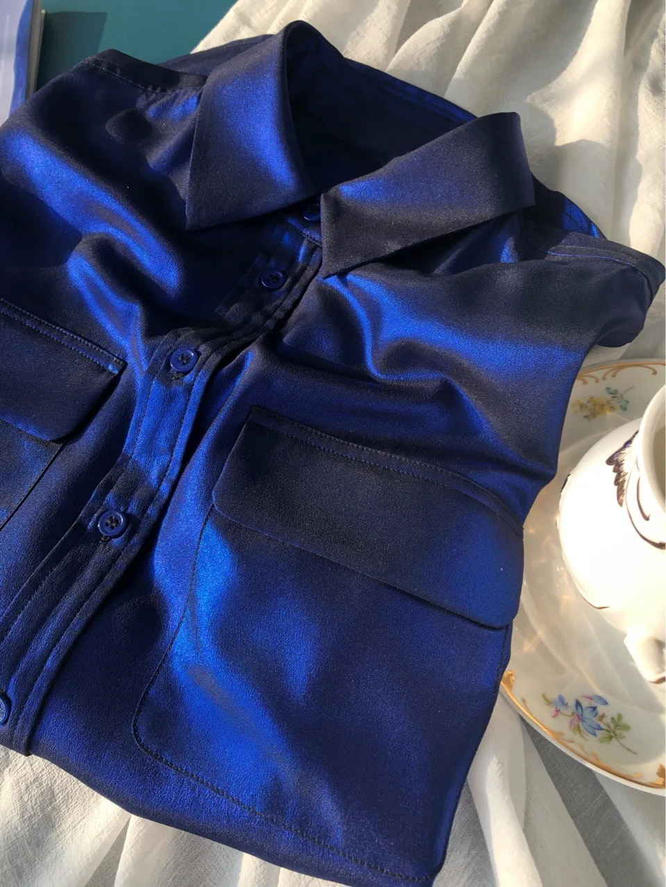 100% Silk Women's Long Sleeve Shirt Blue Turn-down