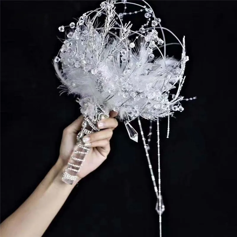 

PEORCHID 2020 Silver Crystal Wedding Bouquet White Feather Stones Sparkling High-end Custom Bridal flowers Bouquet