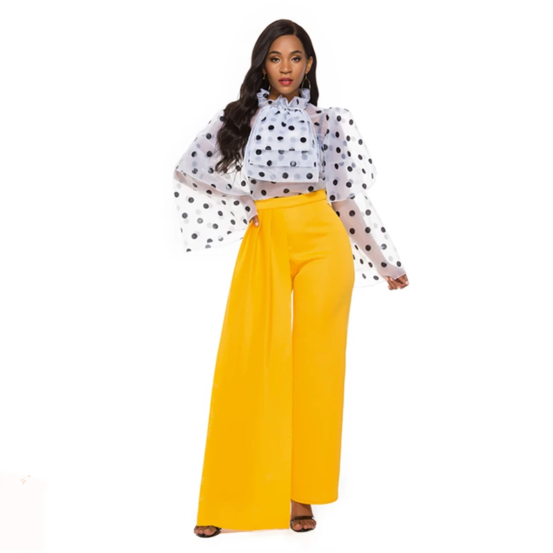 

2 Pieces Sets Women Polka Dot Blouse Transparent Ruffles Wide Leg High Waist Pants Female Suits Elegant Slim Lady Work Fashion