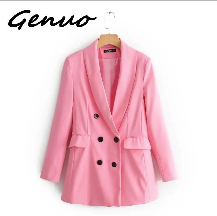 Genuo, новинка, женский желтый пиджак, Официальный Блейзер, двубортный, с карманами, верхняя одежда, для работы, офиса, бизнеса, костюм, верхняя одежда - Цвет: top pink