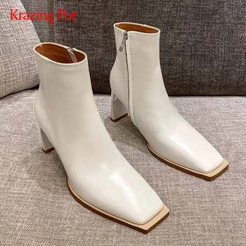 

Krazing pot large size Chelsea boots natural leather stone pattern square toe high strange heel zip pretty girls ankle boots L22