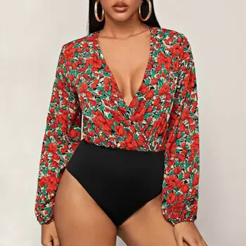 

US Womens V Neck Bodycon Sexy Floral Tops Shirt Jumpsuit Romper Bodysuit Leotard
