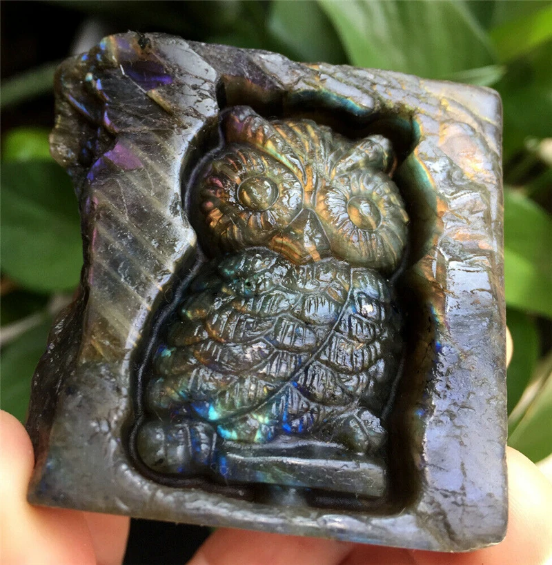 Beautiful Hand carved natural quartz Labradorite owl healing crystal for gifts