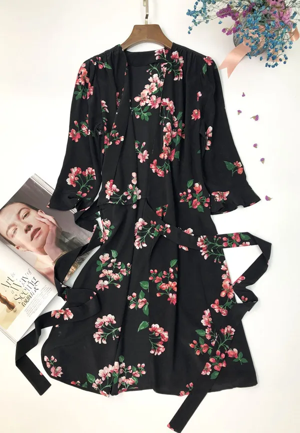 

Women Black Wrap Dress Silk V Neck Begonia Flower Printed Dress With Belt 2019 New