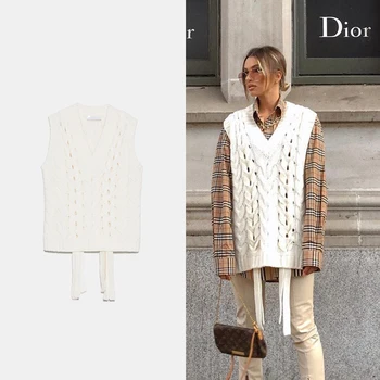 

2020 ZA Spring New Vest Women Casual Knitted Pullover V-neck Sleeveless Sweater Wild Loose Tops Girls Streetwear Personality