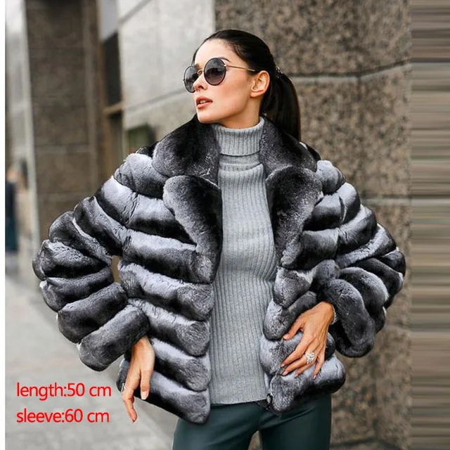 Real Chinchilla Color natural fur rex rabbit fur Short Coat Women Jacket With Large Collar Natural Real Fur Coat Warm Jackets - Цвет: photo color