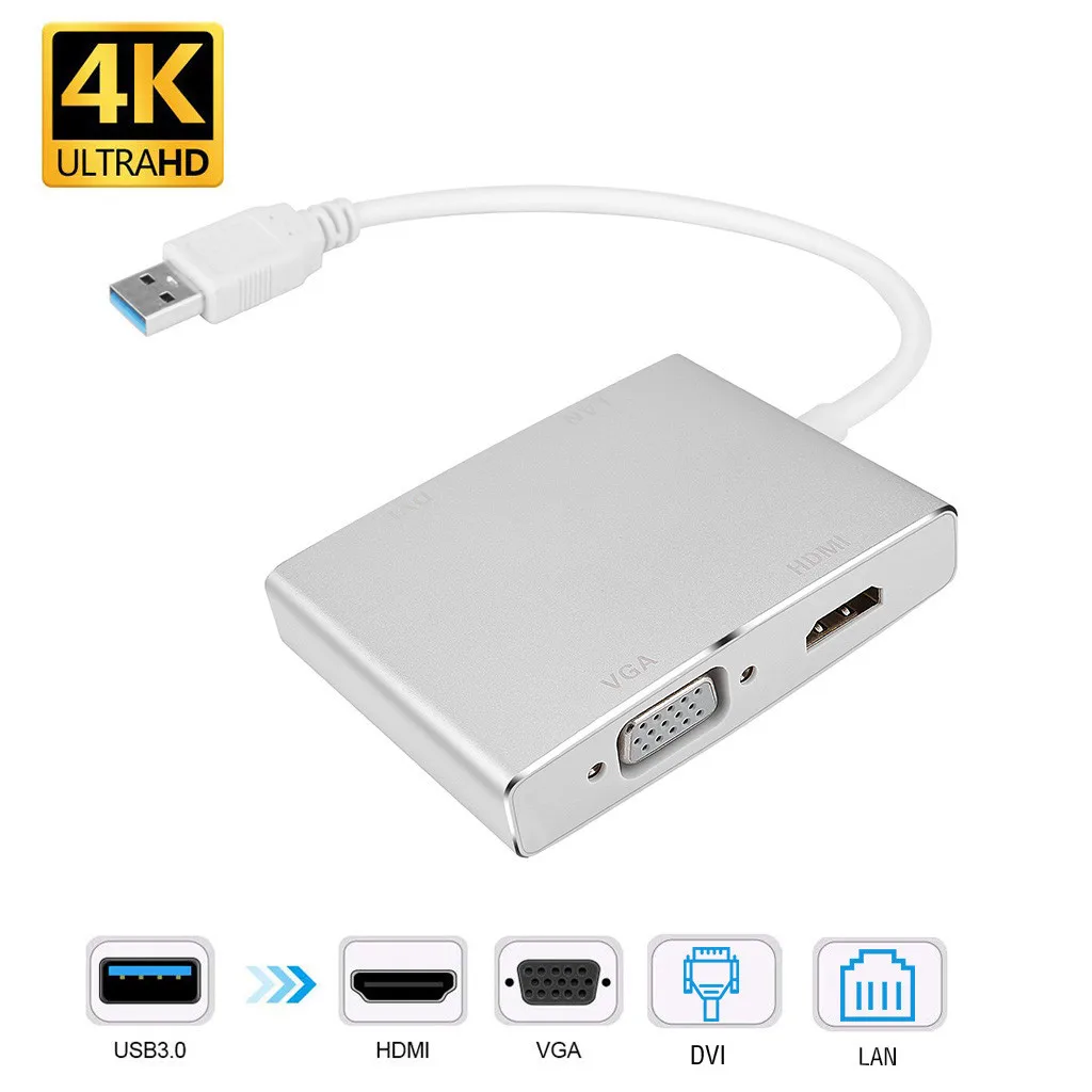 Aluminum Alloy 4in1 USB3.0 to 4K HDMI VGA RJ45 LAN Ethernet Network Adapter 