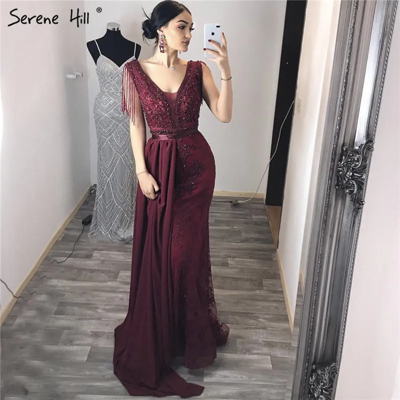 

Dubai Wine Red Removable Sashes Evening Dresses 2019 Sleeveless Beading Tassel Luxury Evening Gowns Serene Hill LA60846