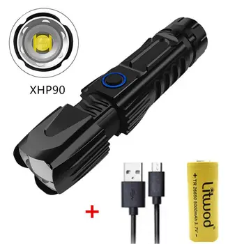 

Waterproof XHP90 LED Flashlight 6200LM Zoomable Powerful Flashlight Torch Lamp with 26650 Battery USB Flashlight LED