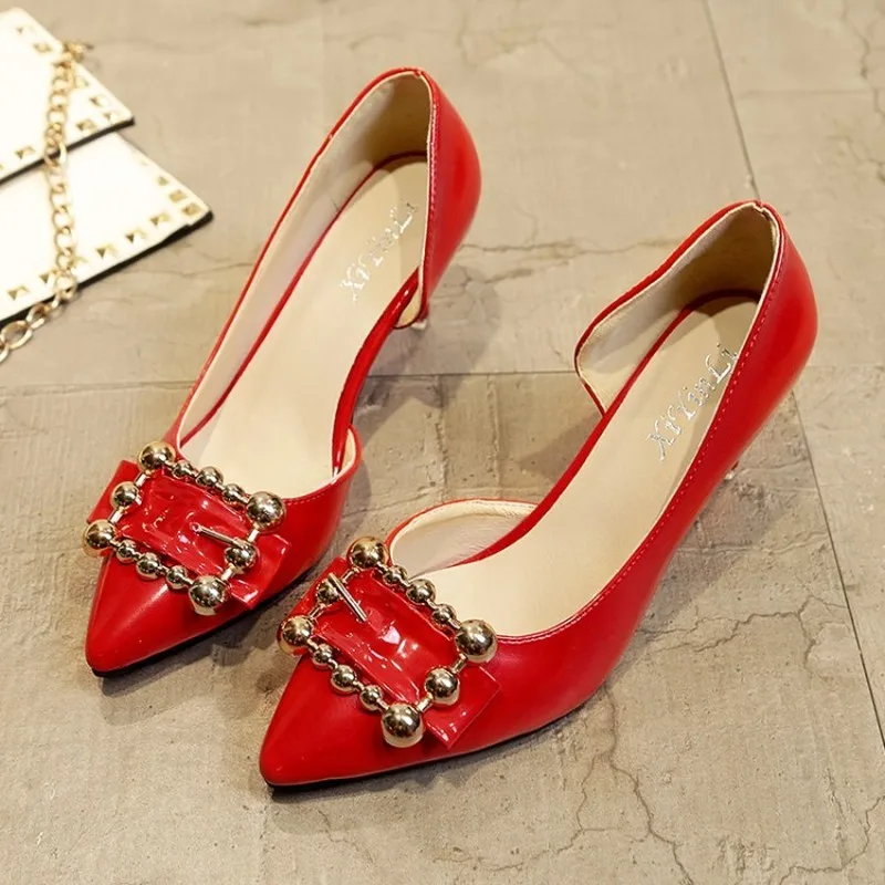 

Women Fashion High heels Lady Solid leather Crystal Square Buckle red sexy Pumps Pointed Female Elegant Wedding stiletto J14-12