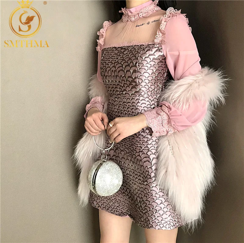 SMTHMA/жаккардовое платье; коллекция года; Vestido; весеннее кружевное винтажное модное розовое платье принцессы в стиле пэчворк с оборками и длинными рукавами