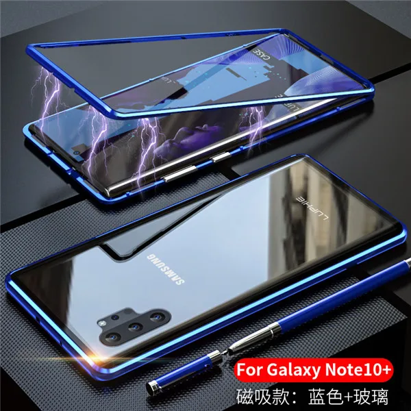 Luphie Магнитный адсорбционный металлический чехол для samsung Galaxy Note10 Note 10 Pro+ закаленное стекло задняя Магнитная крышка Чехлы - Цвет: Blue