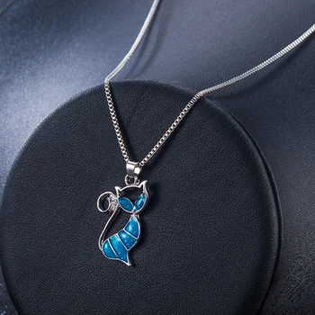 

Fashion Women Animal Necklace Jewelry Cat blue Fire Opal Charm Pendant Necklace Chain luxurious Christmas gift