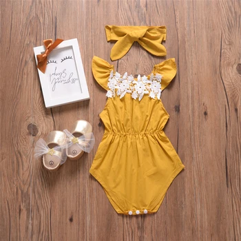 

2019 Summer Newborn Kid Baby Girl Flower Lace Romper Sleeveless Jumpsuit+Headband Outfit Sunsuit 0-24M