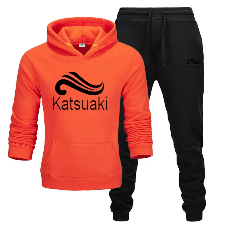 orange black Брендовая одежда, мужские повседневные толстовки, пуловер, хлопковый мужской спортивный костюм, толстовки из двух частей+ штаны, спортивная одежда ropa hombre - Цвет: orange black