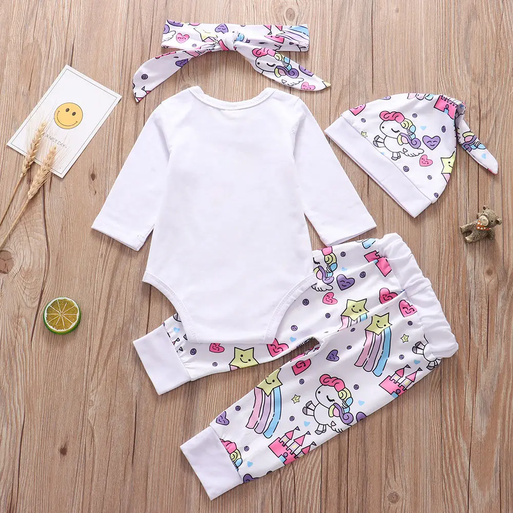 4Pcs Newborn Infant Baby Girls Clothes Set Long Sleeve Cotton Romper+Pegasus Star Castle Pants+Headband+Hat Toddler Clothing