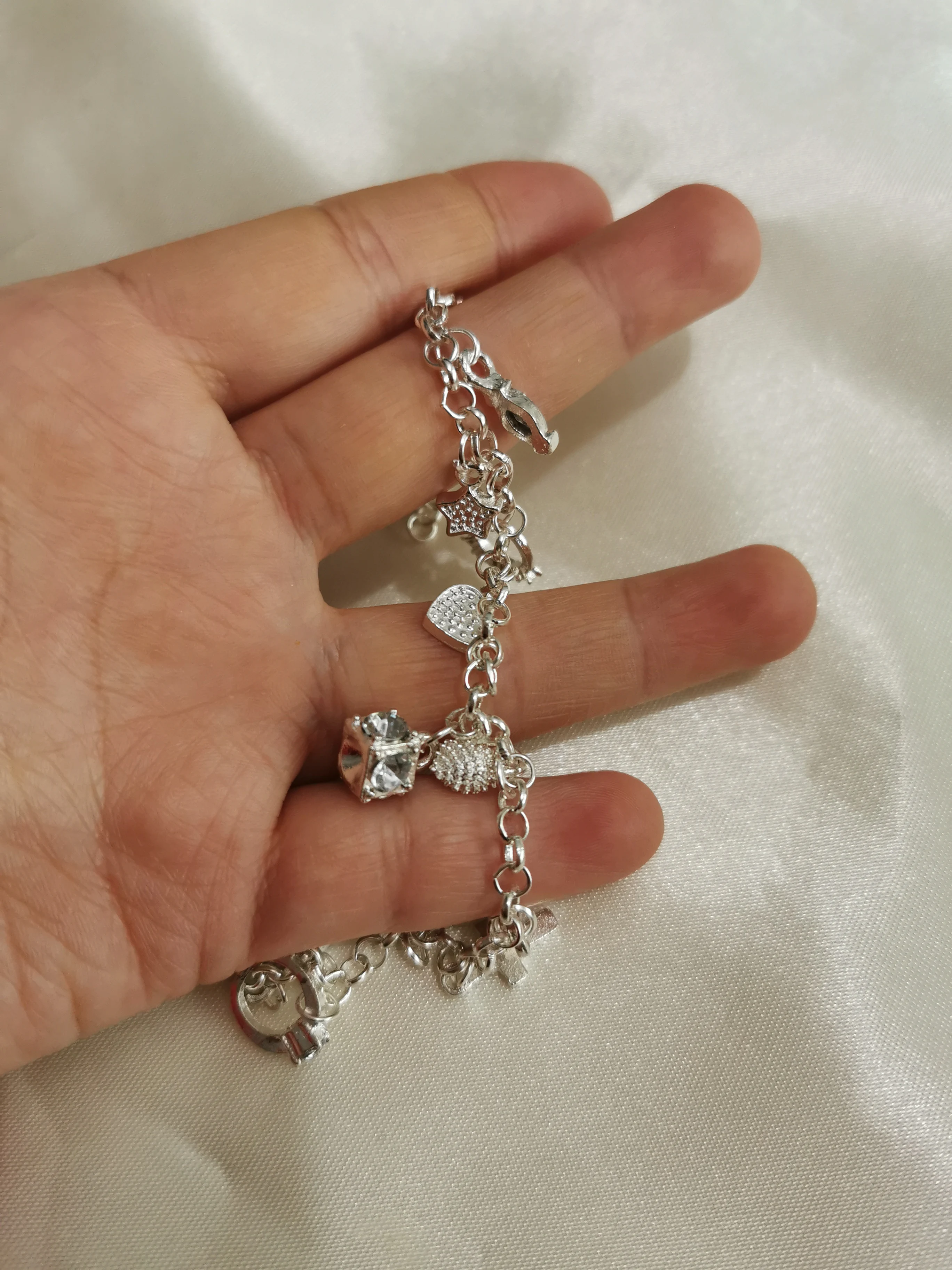 Silver Color Plated Bracelet Moon Heart Lock Cross Charm Bracelet 13 Pendants Bracelet Jewelry