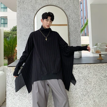 

Men Stripe Pullover Sweatshirt Male Women Oversize Bat Sleeve Turtleneck Loose Streetwear Hip Hop Gothic Hoodie Cape Shawl Coat