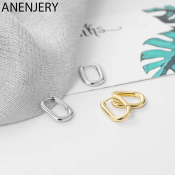 

ANENJERY Silver Color Geometric Oval Small Hoop Earrings For Women Prevent Allergy Earrings With S925 Stamp Gift S-E1082