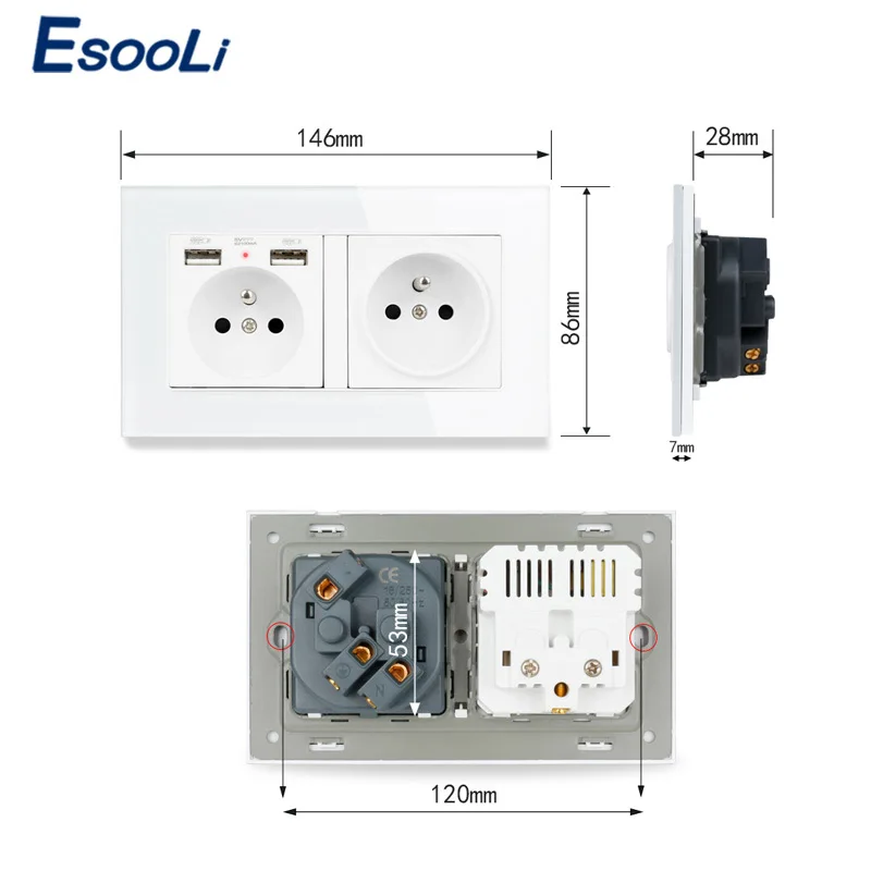 Французская стандартная 2 розетка ESOOLI с USB портами для зарядки настенные розетки