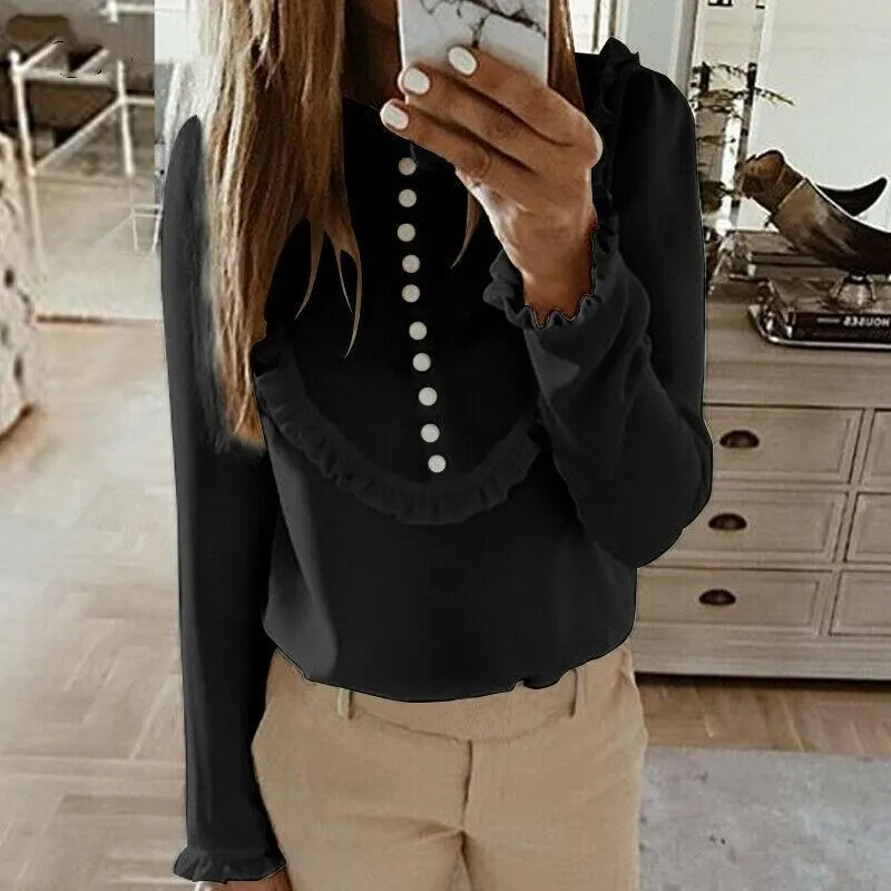 

Women Blouse Fashion Casual Tops Button Solid Color Long Sleeve Large Size Ladies Shirt