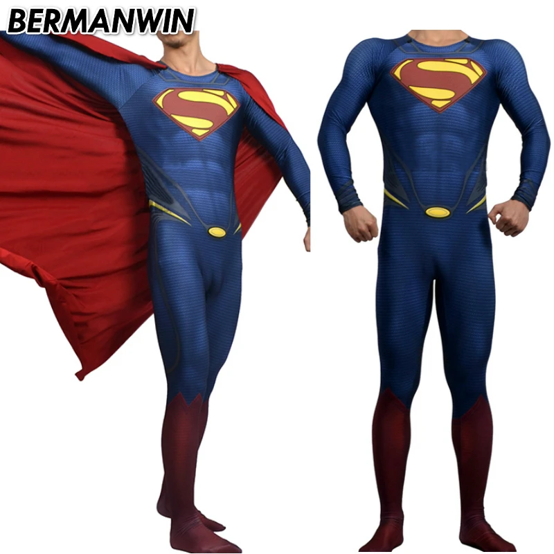 BERMANWIN высокое качество мышечный оттенок 3D логотип Супермен, из спандекса костюм взрослого человека из Сталь костюм Супермен костюм Любой Размер