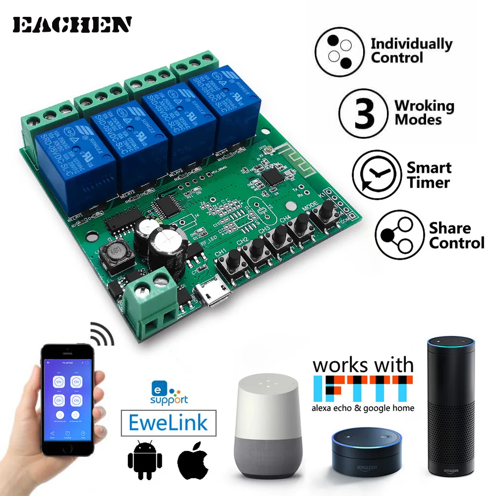 

WiFi Inching Relay Momentary/Self-Locking/Interlock Switch Module ST-DC4 (EWelink APP)